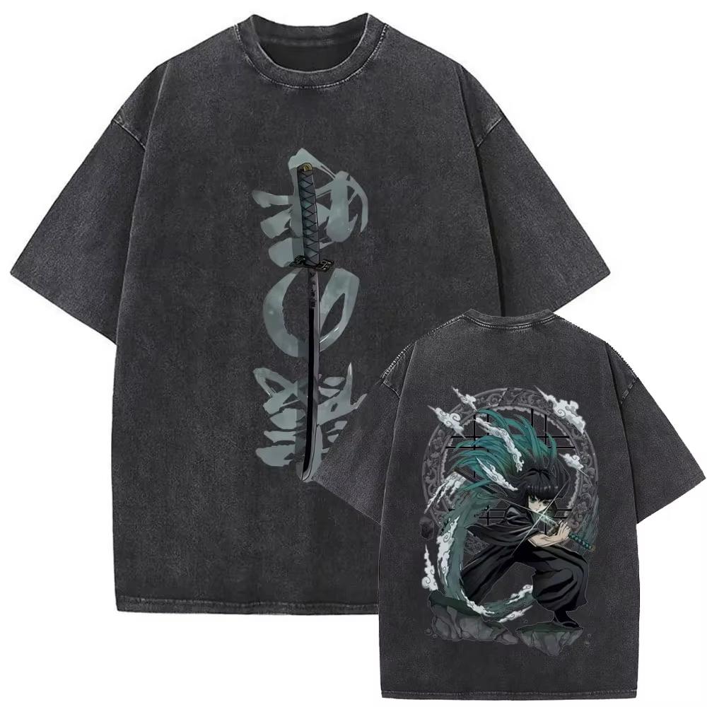 Summer New Vintage Wash Demon Slayer Anime Graphic T Shirt Nezuko Print Men  Cotton Short Sleeve Top Streetwear Casual Tops