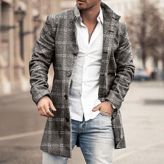 Men Overcoat Plaid Single-breasted Turndown Collar Long Sleeves Slim Mid-length Jacket Coat Streetwear