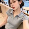 La Chapelle Women's Grey Hollow Polo Knit Short Sleeve Top