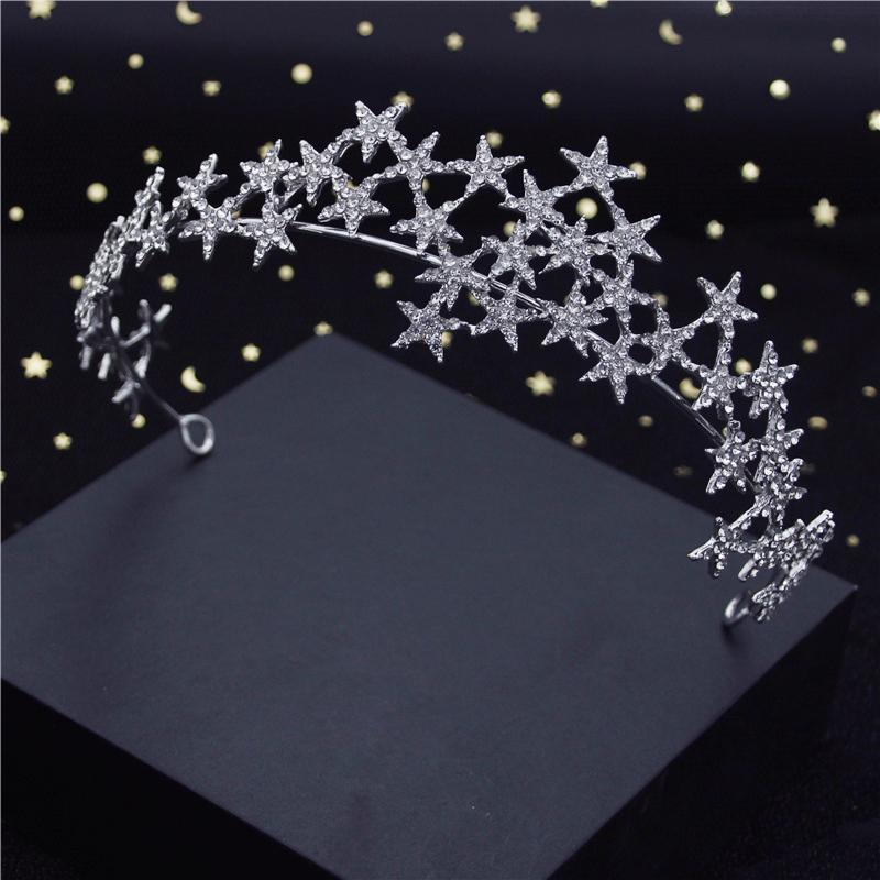 Fashion Baroque Metal Stars Rhinestone Crown Tiaras for Bride Headdress Queen Prom Bridal Diadem Wedding Hair Jewelry Girls