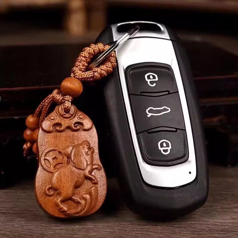 Wooden Protection And Safety Keychain Pendant For Car Decoration And Bag Accessories