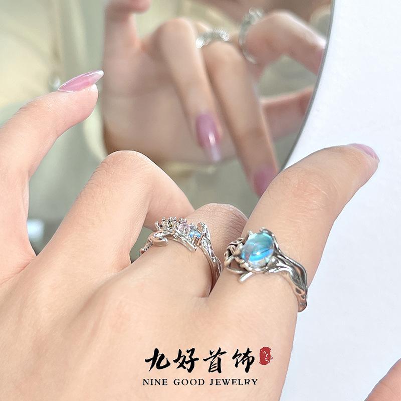 Original Niche Design Retro Retro Open Ring Moonstone Inlaid Zircon High-End Sense Personalized Fashion Ring Woman