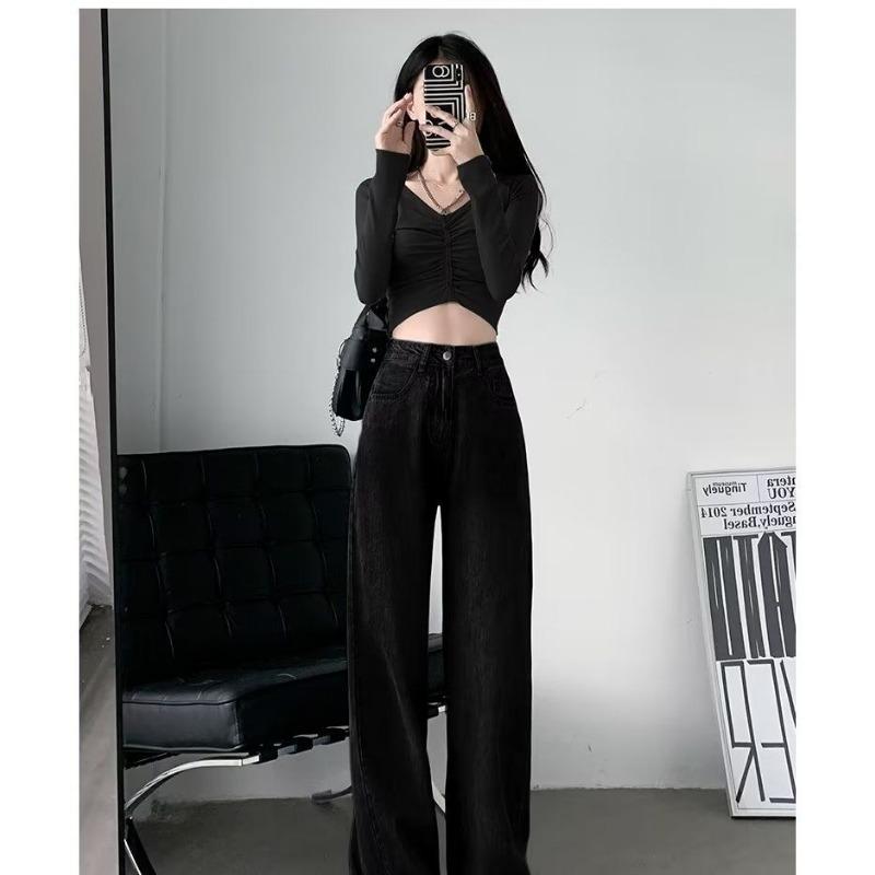 Retro Old Wide-leg Jeans for Women In Autumn and Winter New High-waist Straight and Loose Slimming and Draped Floor Pants