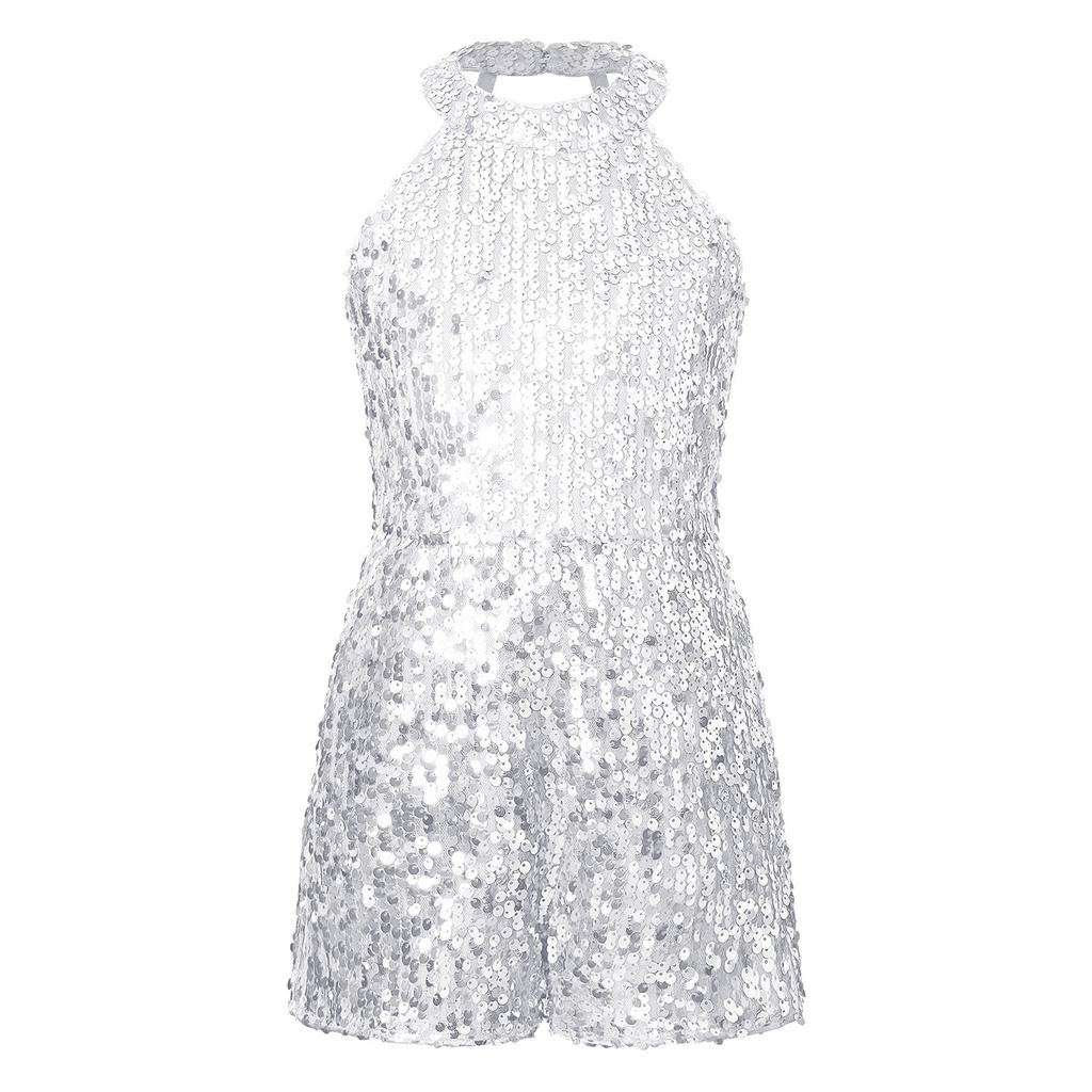 Tuta senza maniche per bambina con paillettes all-over e stile pagliaccetto corto per occasioni speciali