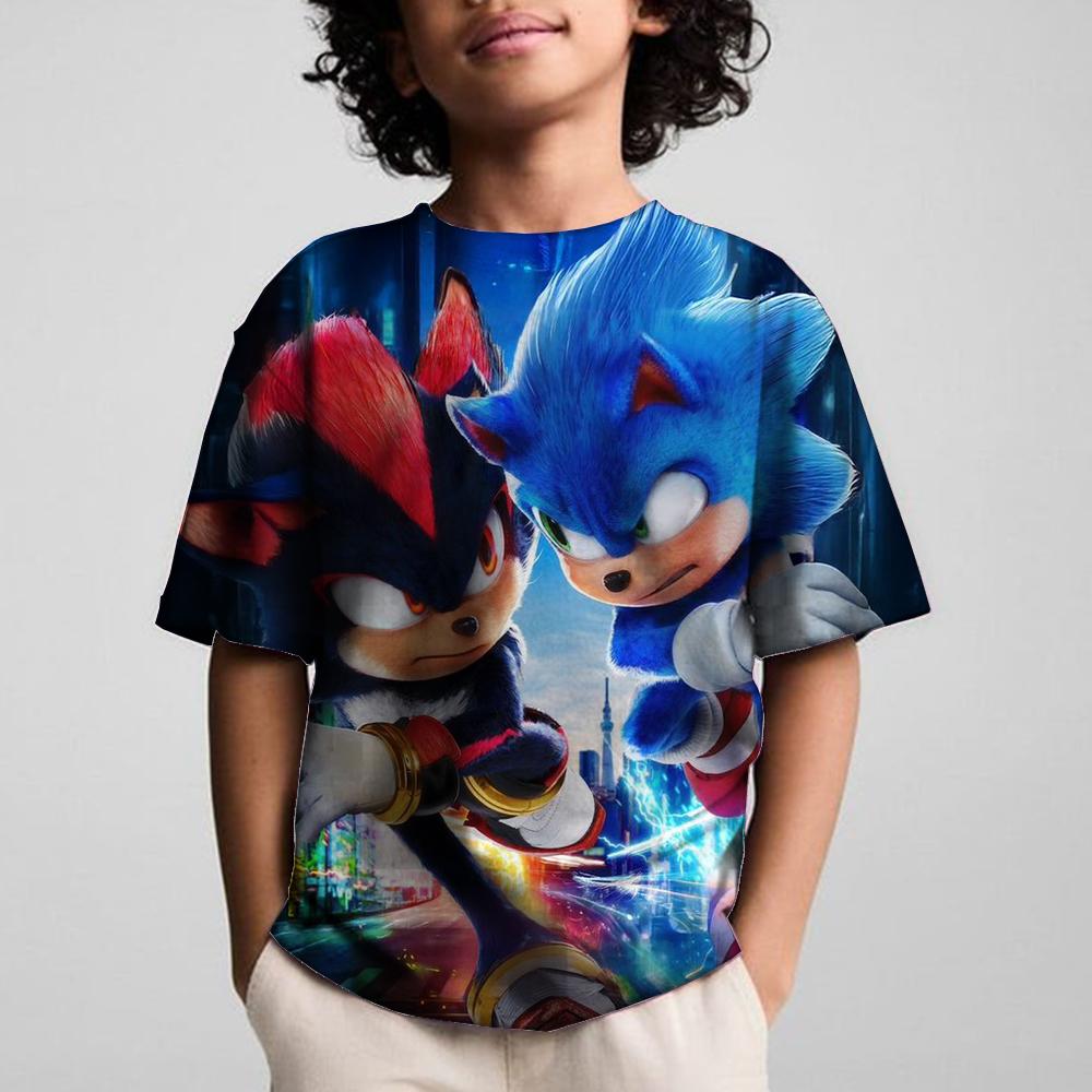 Round Neck 3D Cartoon Sonics Printed Casual Short Sleeved Children's Boy T-shirts - Soft Medium Stretch Polyester Fabric Summer Relaxed Fit Clothing