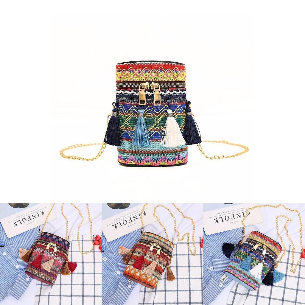 Bohemian Fashion Colorful Woven Texture Bucket Bag With Tassel Accents And Certificate Pocket For Casual Outings