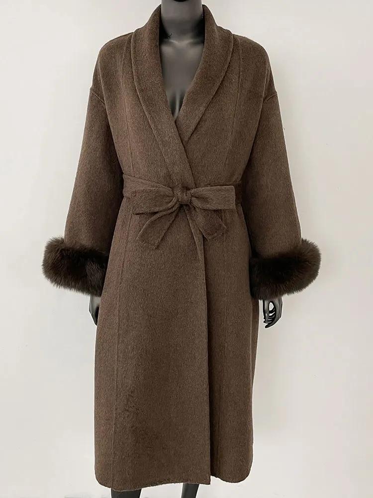 OFTBUY Oversize Loose Autumn Winter Women Coat Real Natural Fox Fur V-neck Woolen Blends Jacket Thick Warm Casual New Overwears