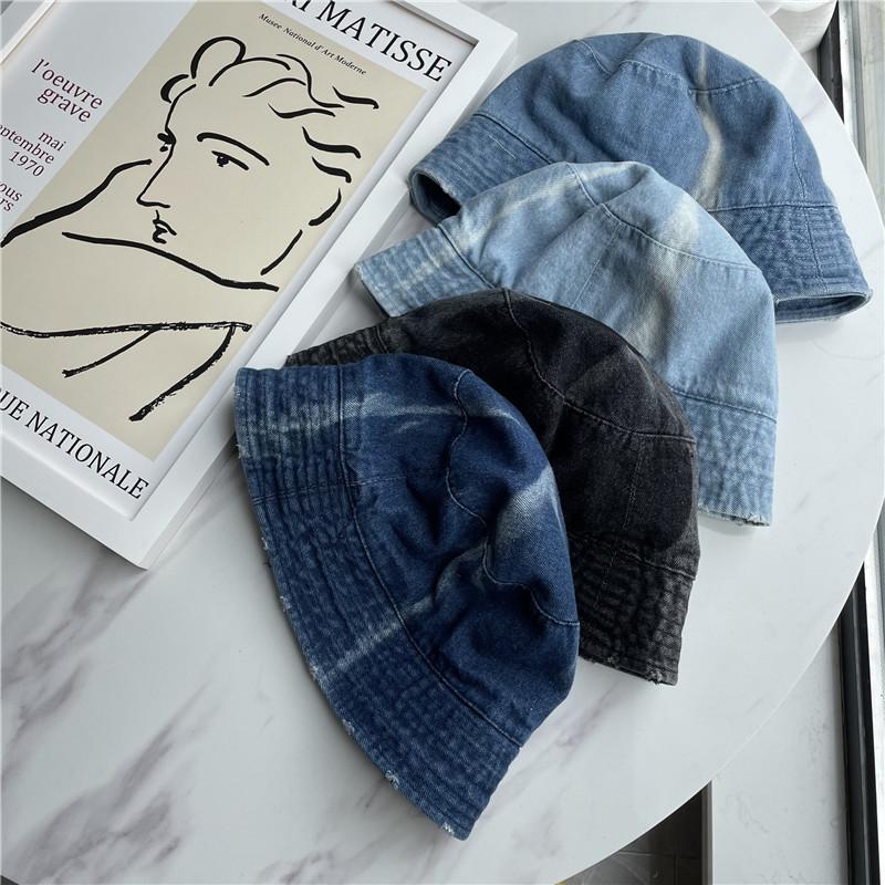 

Washed tie-dye denim bucket fisherman s hat children spring and summer versatile casual visor basin hat tide adult (56-58cm) синій