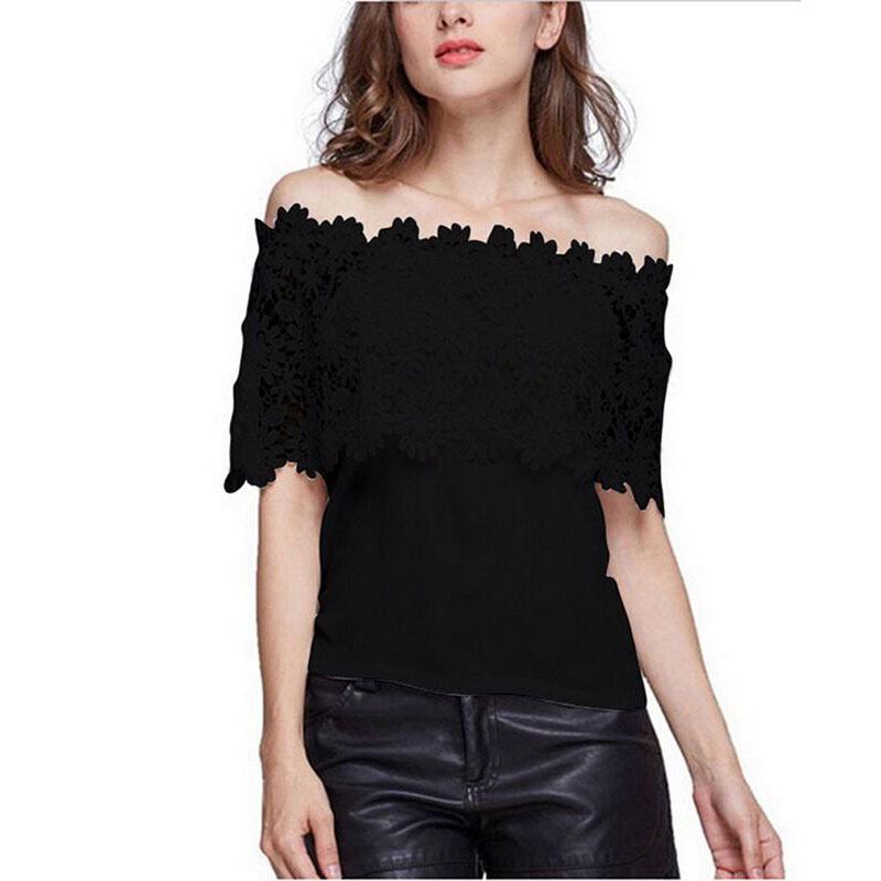 

Женская футболка с коротким рукавом, кружевная, ажурная, свободного кроя, повседневная, с открытыми плечами Black,L