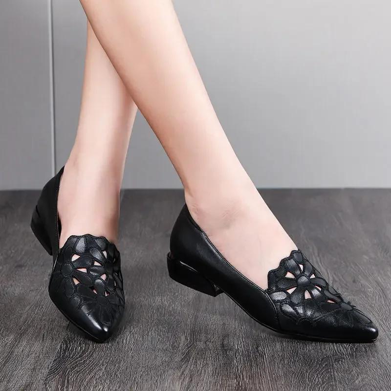 Mid Heel Casual Shoes for Women Heels Wedding Hollow Out Black Square Heel Formal Shoes Work Lady Fall Zapatilla Mujer 2025