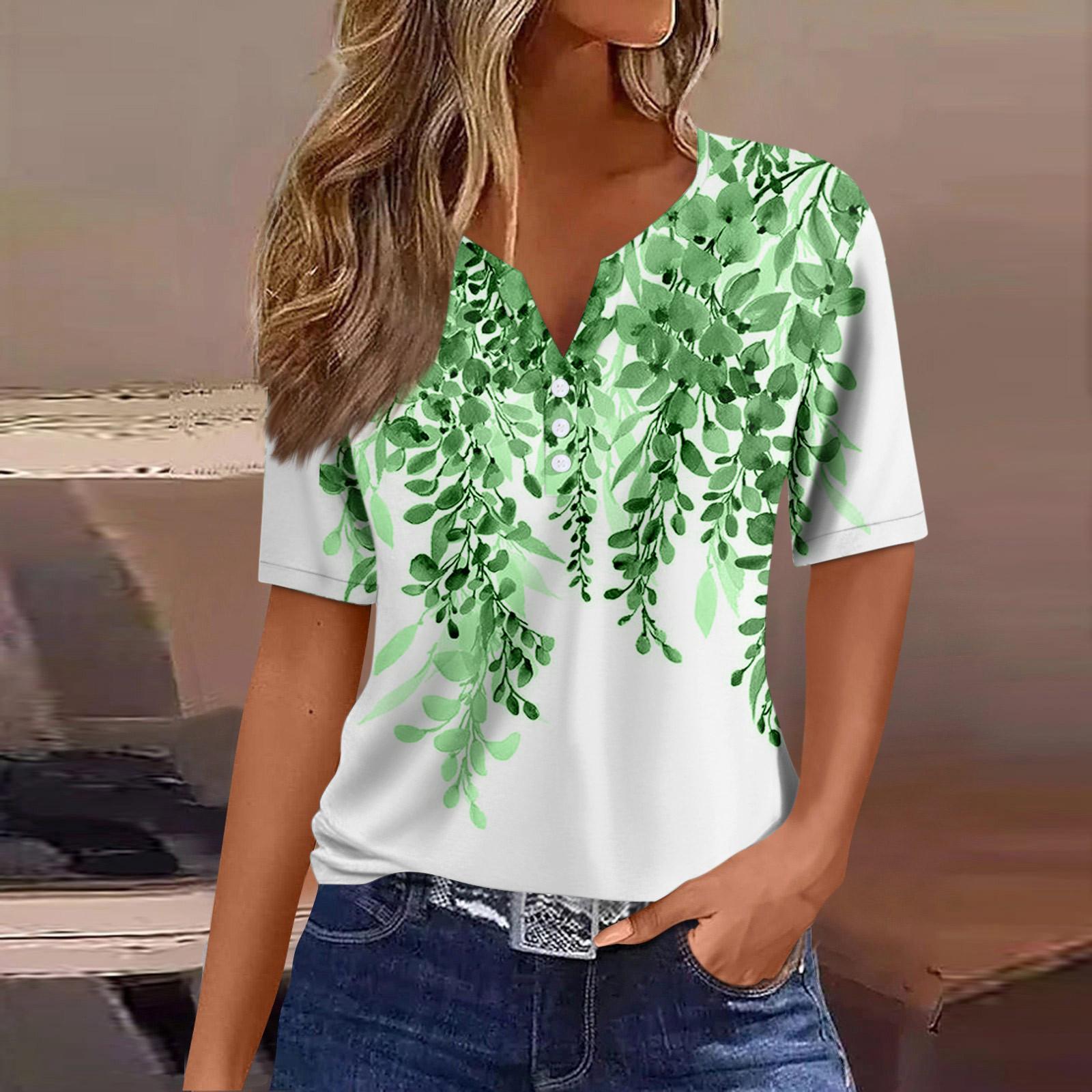 

Жіноча модна повсякденна футболка з вінтажним принтом і V-подібним вирізом, короткими рукавами та декоративними ґудзиками XXXL зелений