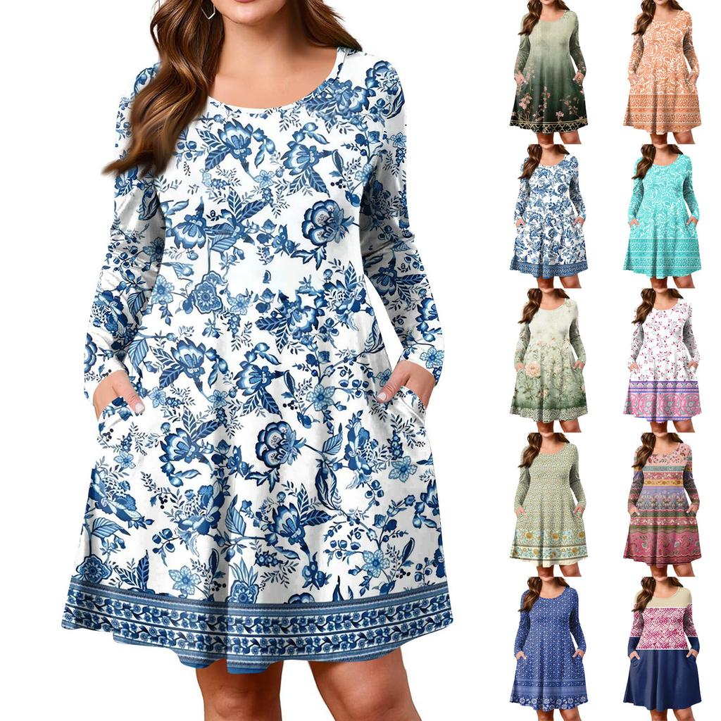 Plus Size Dame Gradienttrykk Casual Vår/Høst Lomme Rund Hals Langermet Kjole
