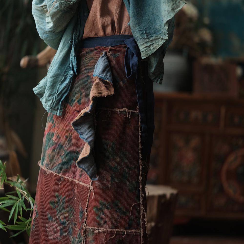 Fallen Ancient Mud Retro Lace-up Patchwork Corduroy Wrap Skirt