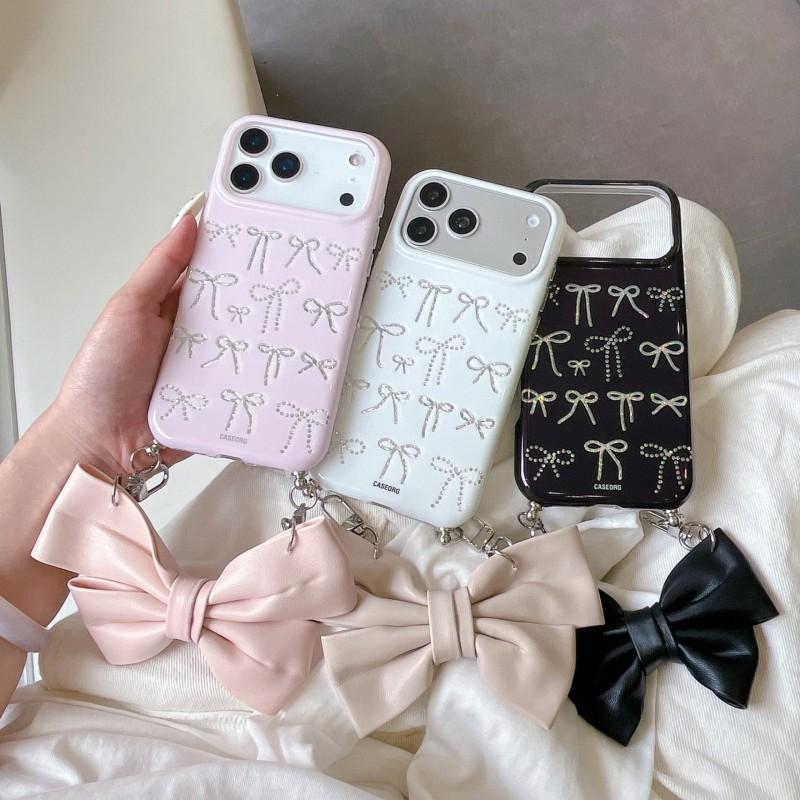 Cute Butterfly Knot Handheld Phone Case IPhone 17 Pro Max - Soft TPU Gel Cover With Chain Strap Pink White Black