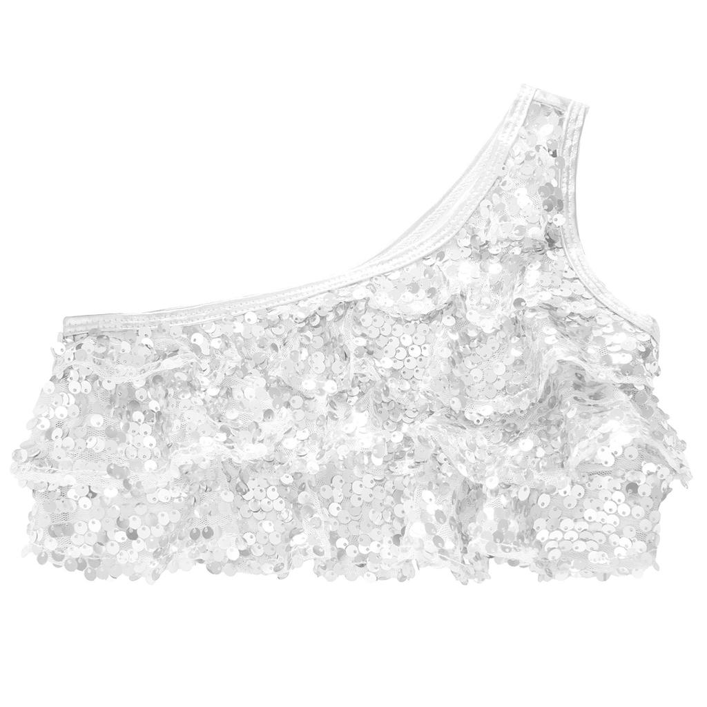 Mädchen Performance Weste Ärmelloses Crop Top Glänzende Pailletten Stufenrüschen Design Metallic Ein-Schulter-Top