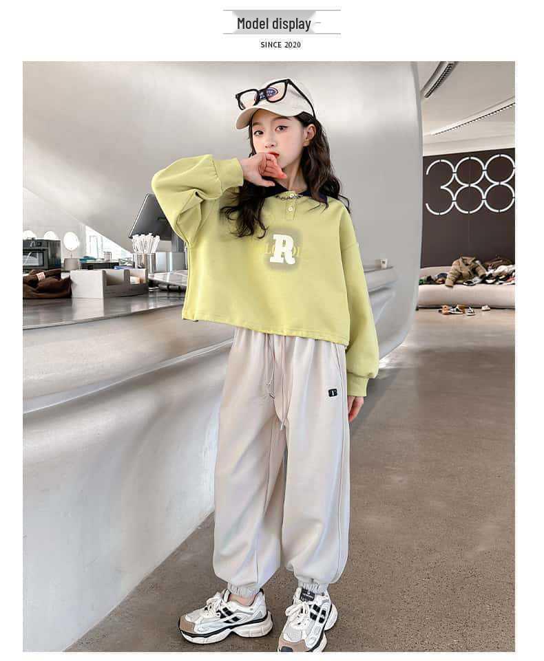 Girls' Versatile Black Sweatpants - Spring/Autumn Style, Loose Fit Casual Pants for Middle and Big Kids