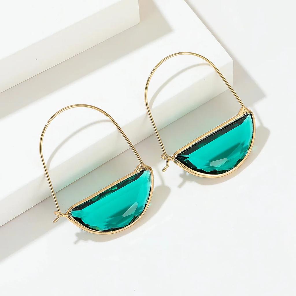 Vintage Semi Circle Boho Earrings Womens Ancient Gold Plated Metal Geometry Green Crystal Glass Dangle Earrings