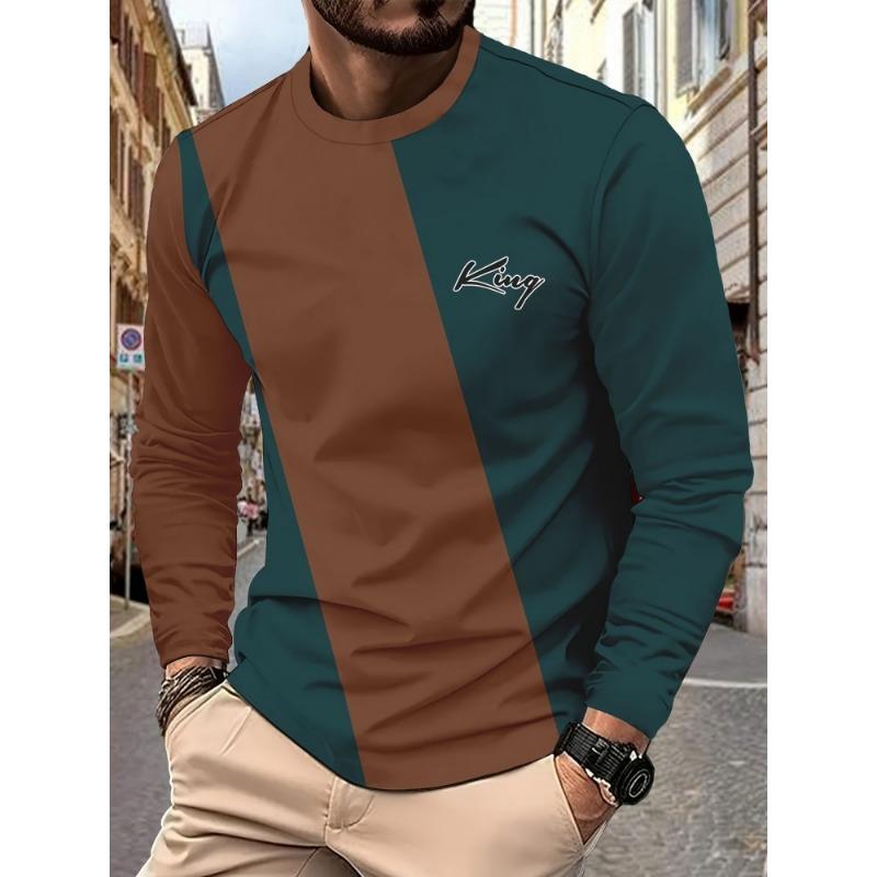 Men's Casual Striped Printed T-shirt 3D Printed Breathable Quick-drying Round-neck Long-sleeve T-shirt, Simple Style Workwear