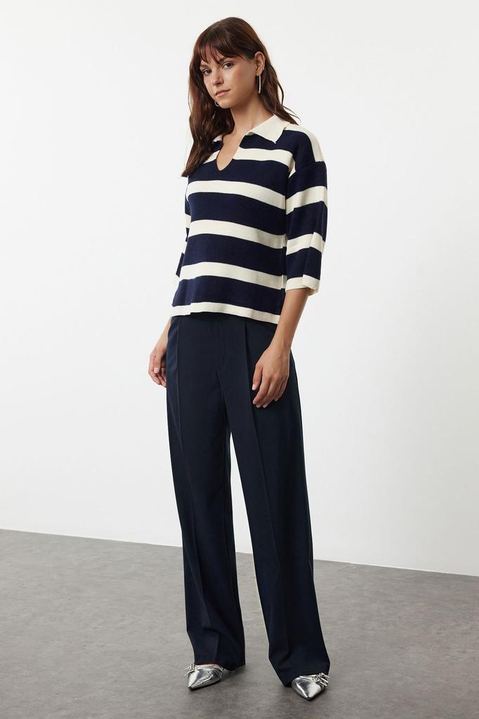 Women's Fashion Stylish Sweater Cream Polo Neck Basic Striped Knitwear Sweater