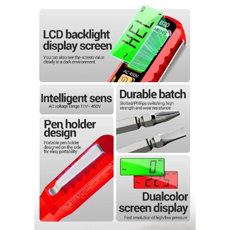 ANENG B20 Smart Voltage Tester Pen Double Head Screwdriver Dual-use Slotted Cross Meter 11V~ 450V AC Voltage Detection Digital