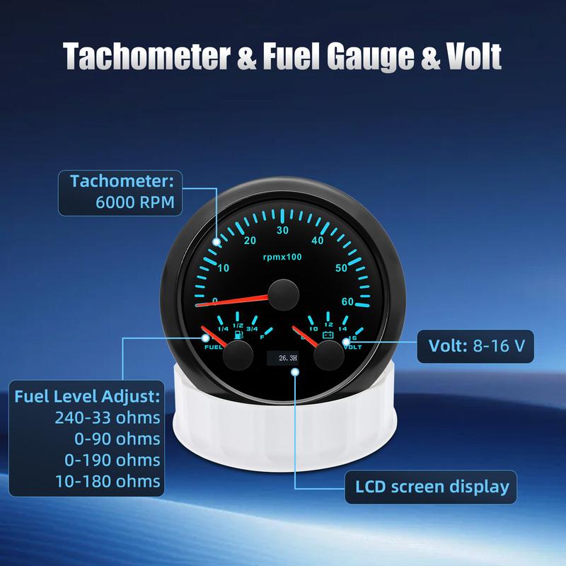 85mm Auto Car Gauge 3-in-1 Tachometer Fuel Level Voltmeter 7 Color Light Multimeter with Sensor 0-190ohm Boat/Yacht 12V