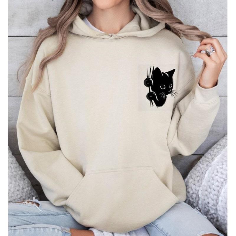 Womens Hooded Long Sleeve Sweatshirt With Cat Print - Casual Streetwear Top In Multiple Colors