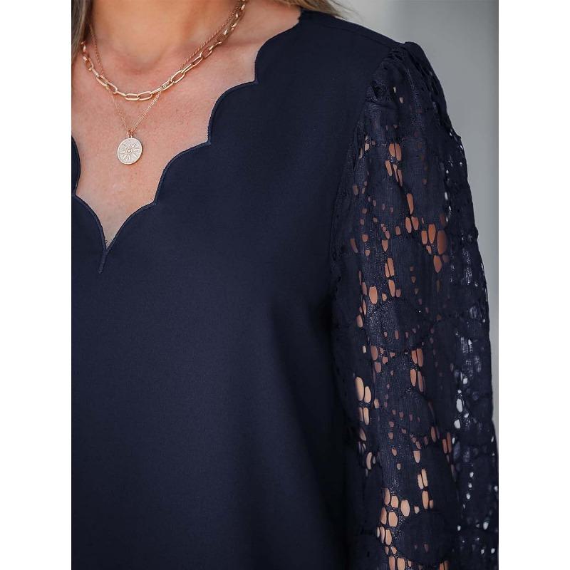 Spring New Women's V-neck Lace Hollow Lace Long-sleeved Loose Pullover Shirt