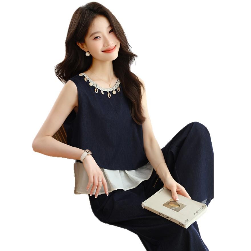 Fashion Slack Wearing Vest Suit Women's Summer New Splicing Sleeveless Top Wide-leg Pants Two-piece Set