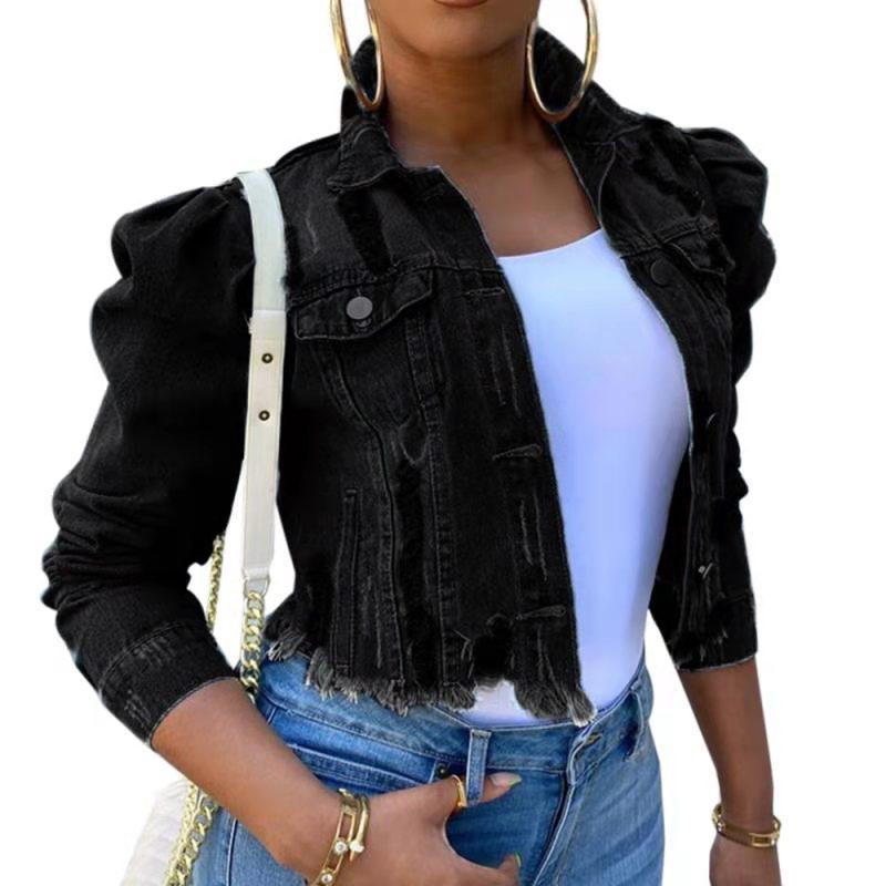 Women's Puff Sleeve Ripped Denim Jacket