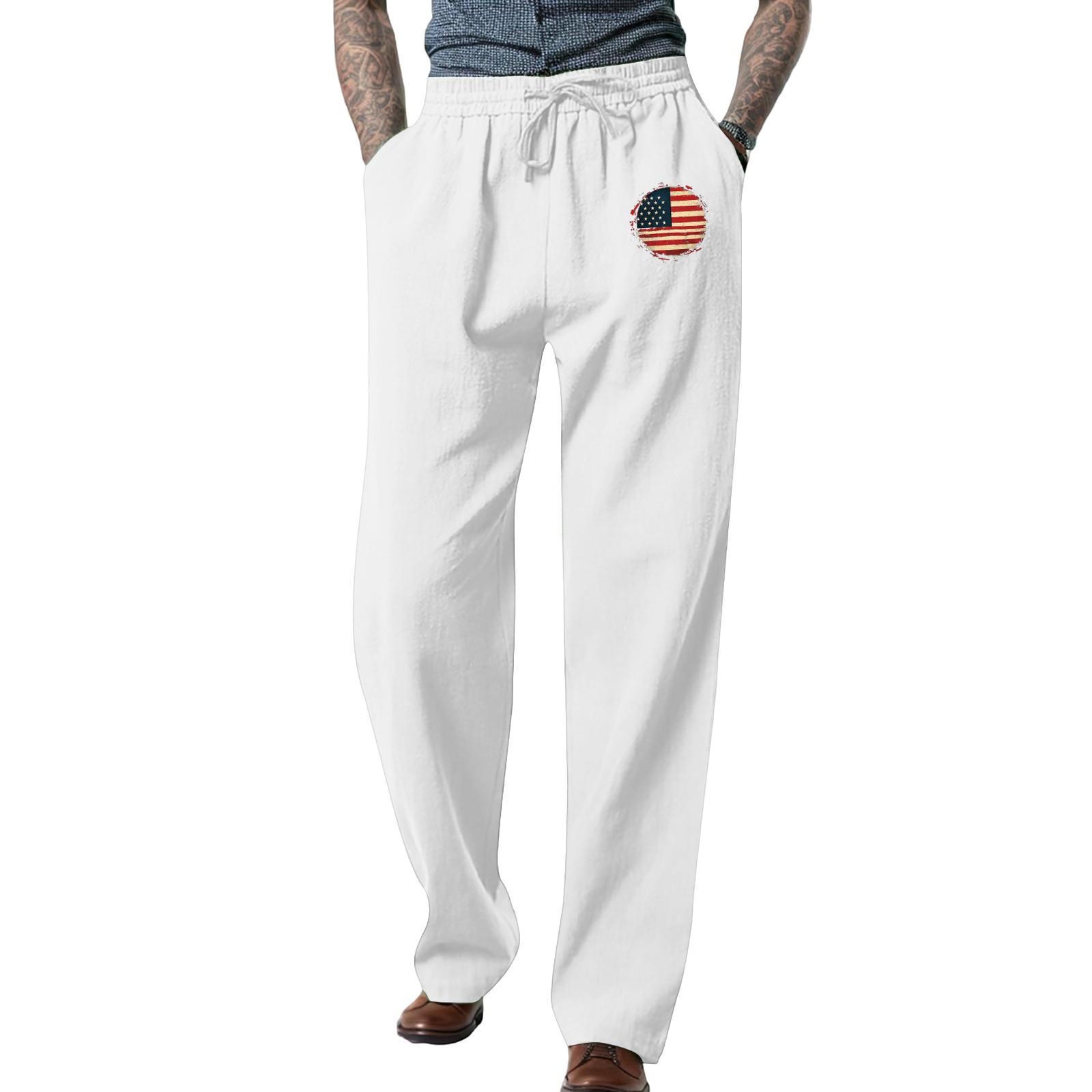 

Men s Loose Casual Cotton Linen Trousers Elastic Tie Printed Straight Pants XL білий