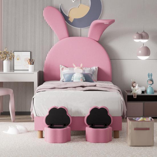 Polsterbett 90x200, mit zwei Stauraumhockern, LED-Nachttischleuchte, Ausklappbare Hasenohren, Ohne Matratze, Jugendbett, Lattenrost, Höhenverstellbar