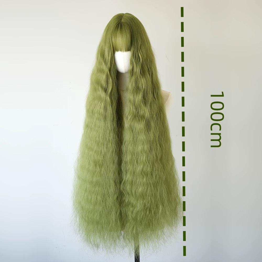Ashely Waldgrüne Perücke für Damen Cosplay-Perücke 100 cm Lang Gerade Synthetische Lockige Perücke mit Pony Hochtemperatur-Fasern Perücken