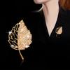 Elegant Double Row Leaf Rhinestone Brooch - Women's Fashion Suit Pin