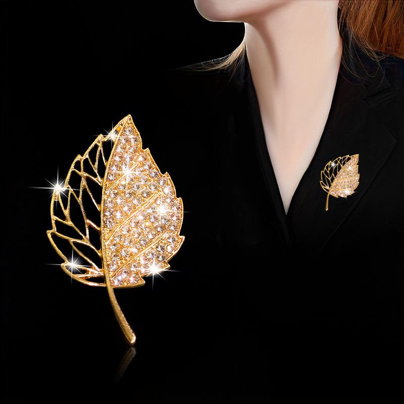 Elegant Double Row Leaf Rhinestone Brooch - Women s Fashion Suit Pin золотой