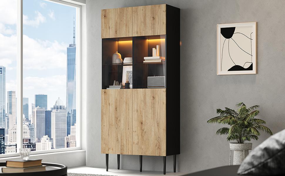 Modern Tall Cabinet with 10 Storage Compartments and Glass Doors, LED Lighting - 80*35*180cm (W/H/D), Natural Wood Color + Black, Display Cabinet
