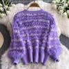Autumn Winter Women Two Piece Set Small Fragrant V Neck Furry Knit Cardigan Sweater Coat And Sequined Cascading Mesh Long Skirt Suit