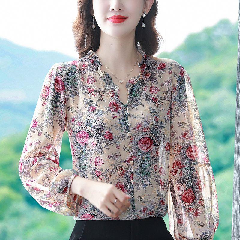 Spring Floral Shirt Women Long Sleeve Beautiful Unique Blouse Trendy Youthful Tops for Mothers