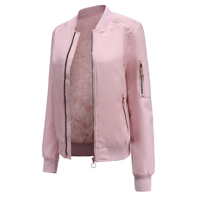 Bomber Jacket Women Thin Casual Zipper Long Sleeves Side Pockets Autumn Spring Outer Wear