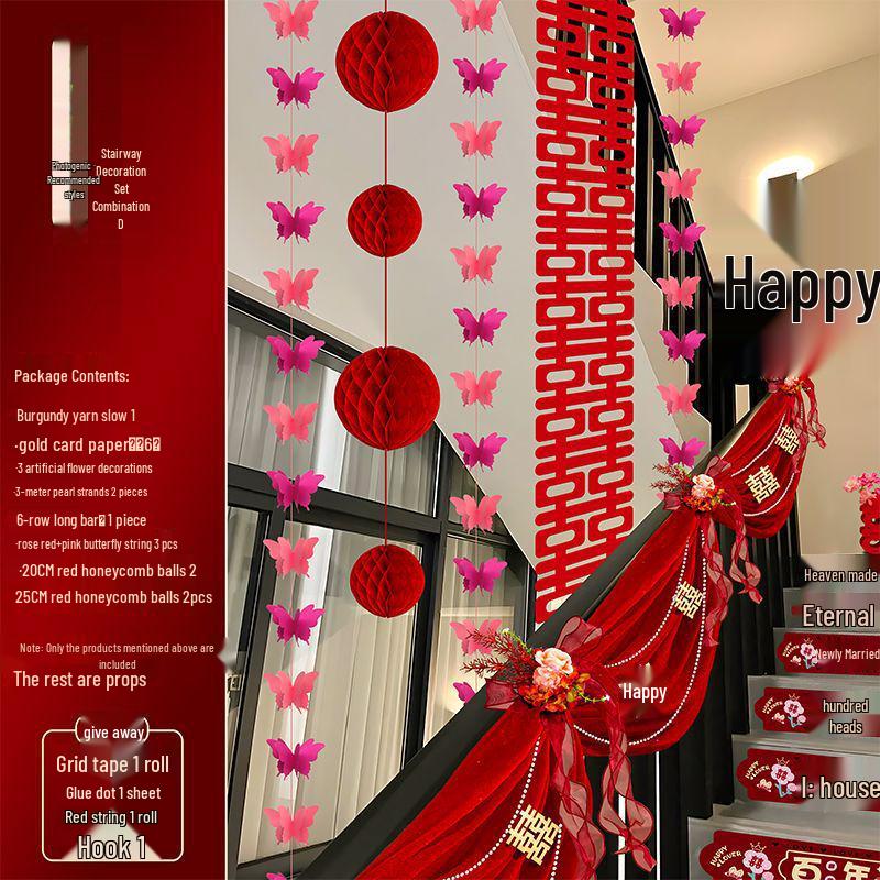 Bridal Chamber Stair Railing Decoration Set for Indoor Engagement & Wedding Celebration