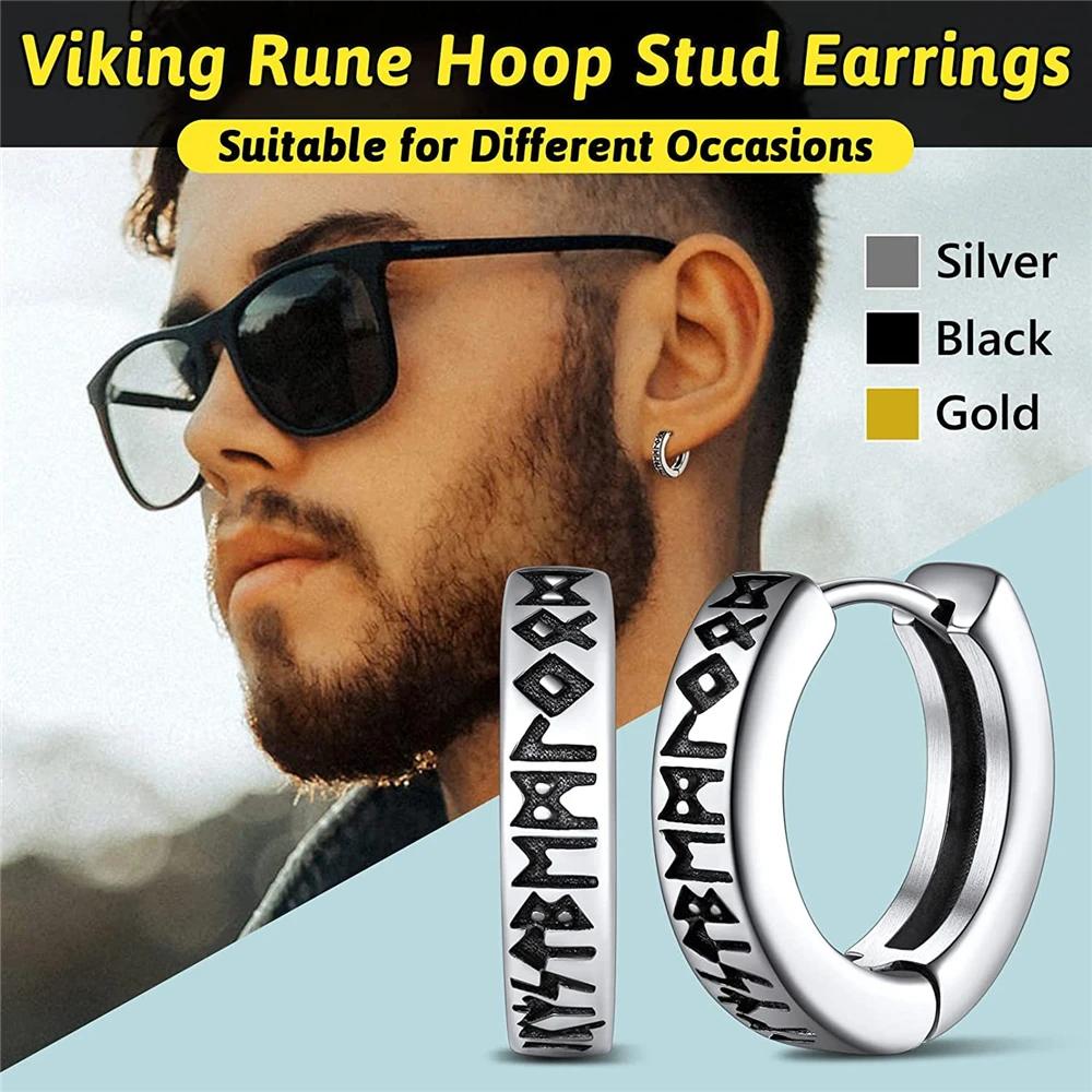 1Pair 12mm Norse Runes Viking Hoop Earrings For Men Woman Punk 316L Stainless Steel Huggie Hoop Vintage Scandinavian Ear Jewelry