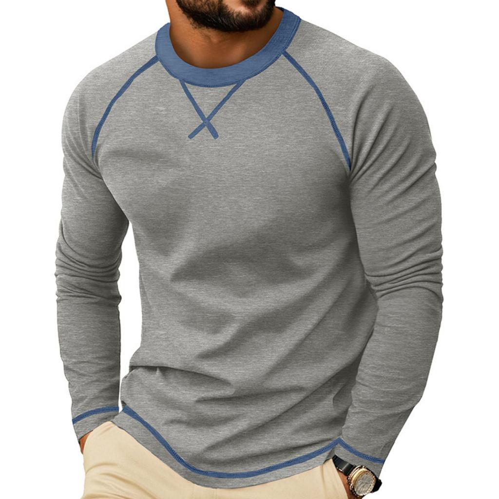 Men's Long Sleeve Crew Neck Casual T Shirt Color Block Stitching Detail Pullover Top Lightweight Comfortable Fit