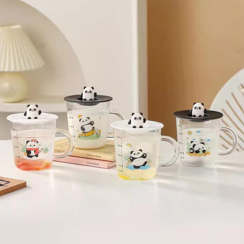 Cute Panda High Borosilicate Glass Cup High Appearance Level Covered Office Drinking Cup  Graduated Milk Cup  Coffee Cup