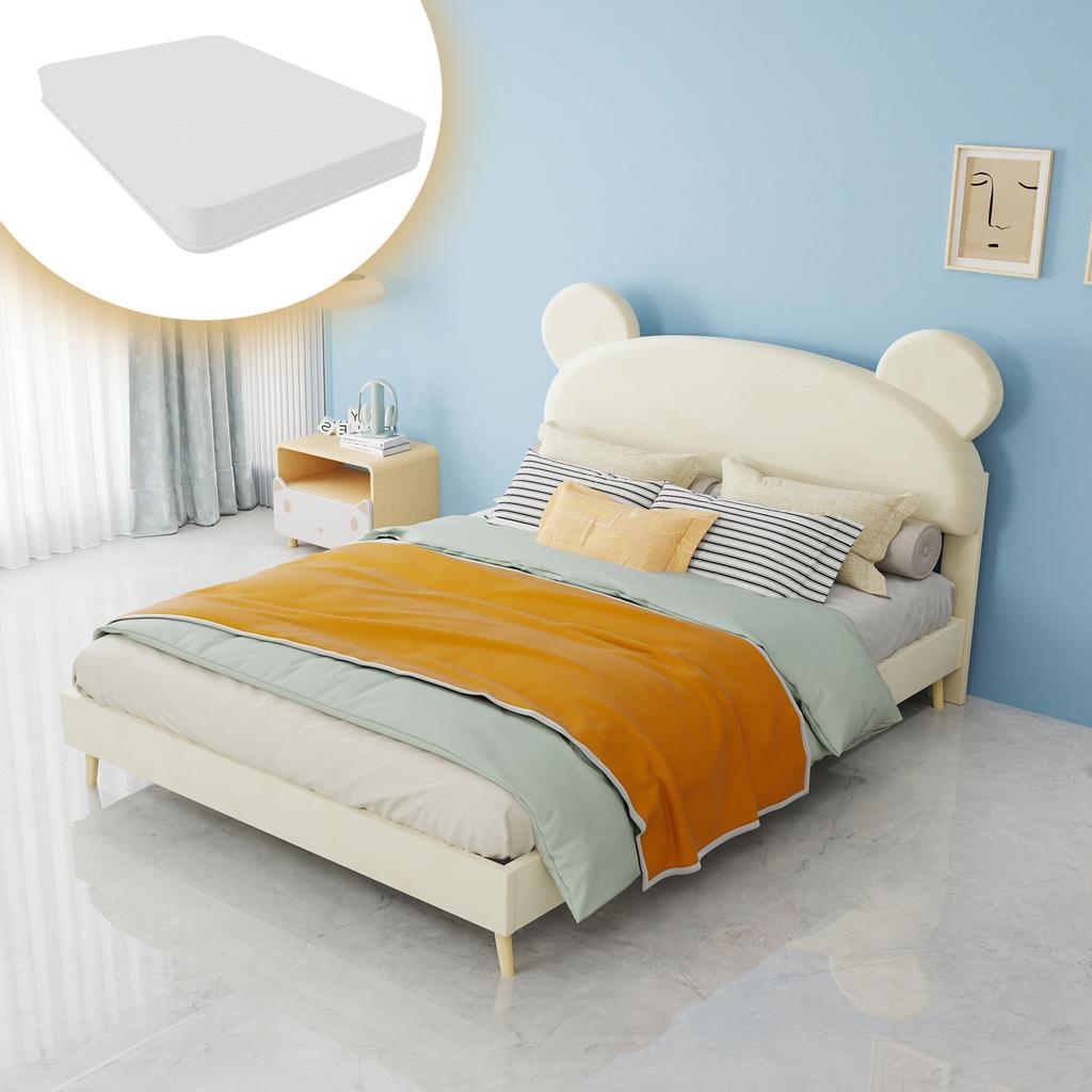 Modern Minimalist Upholstered Bed with Plush Cartoon-Themed Headboard, 140*200 cm, Beige, Multifunctional Bedroom Furniture, Low-Profile Solid Base