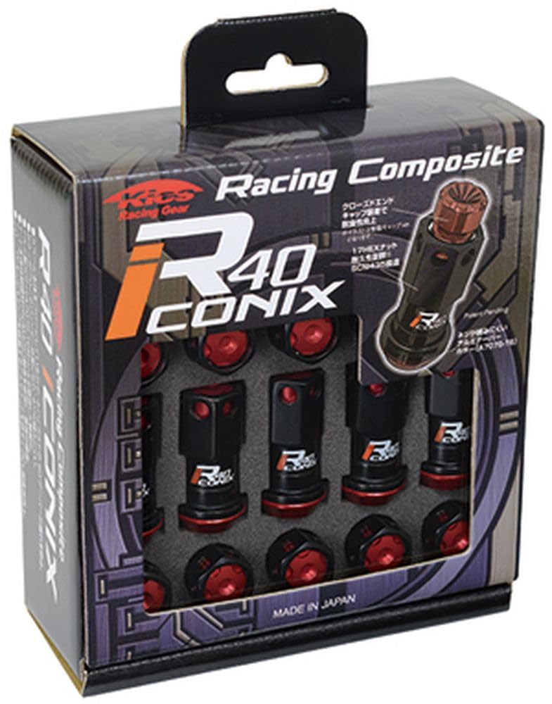 KYO-EI (Kyoei Industry) Racing Composite R40 iCONIX Wheel Nuts, M12 X P1.5, with Aluminum Caps, Black/Red, RIA-01KR