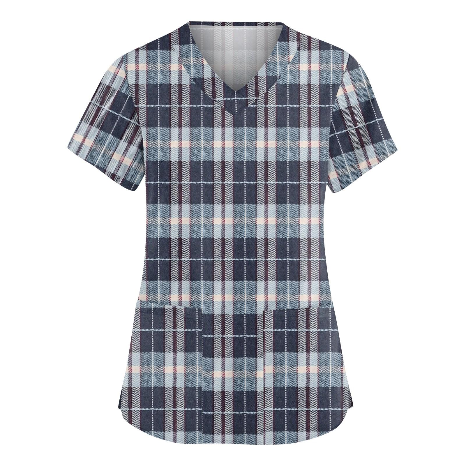 

Женский модный рабочий топ с V-образным вырезом, принтом, короткими рукавами, карманом, боковым разрезом, базовый пуловер L тёмно-синий