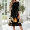 Women Halloween Print Casual Crew Neck Three Quarter Sleeve Midi Dress Comfortable Loose Fit Style