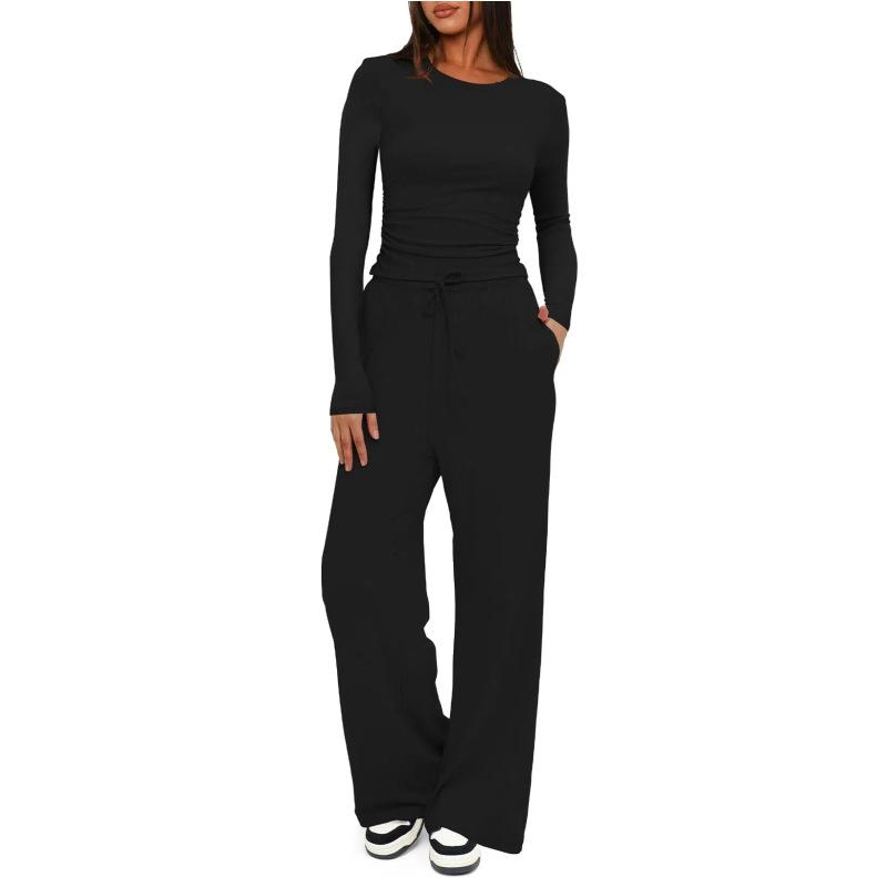 Solid Color Casual Long Sleeve Set Top High Waisted Wide Leg Pants Sportswear