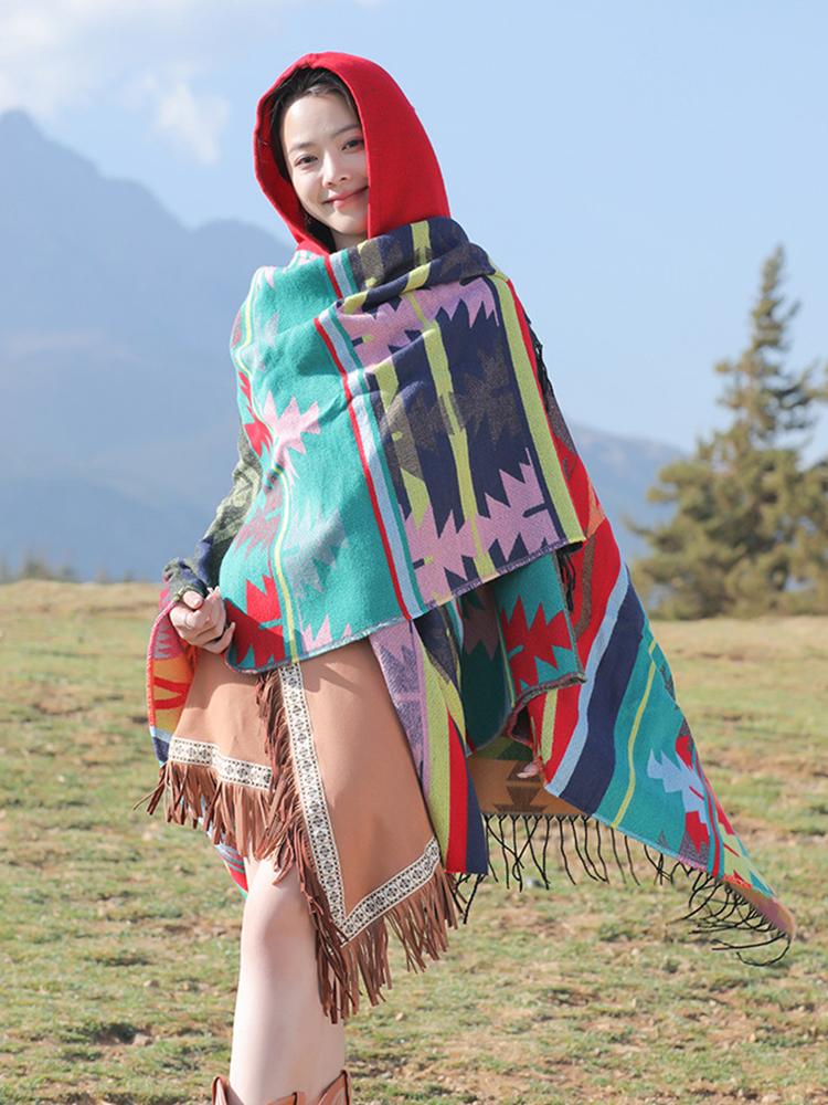 Autumn Winter Elegant Retro Print Scarf Women Layers Poncho Warm Tassels Scarve Capa Para Mujer Pashmina Cloak Wrap Shawl