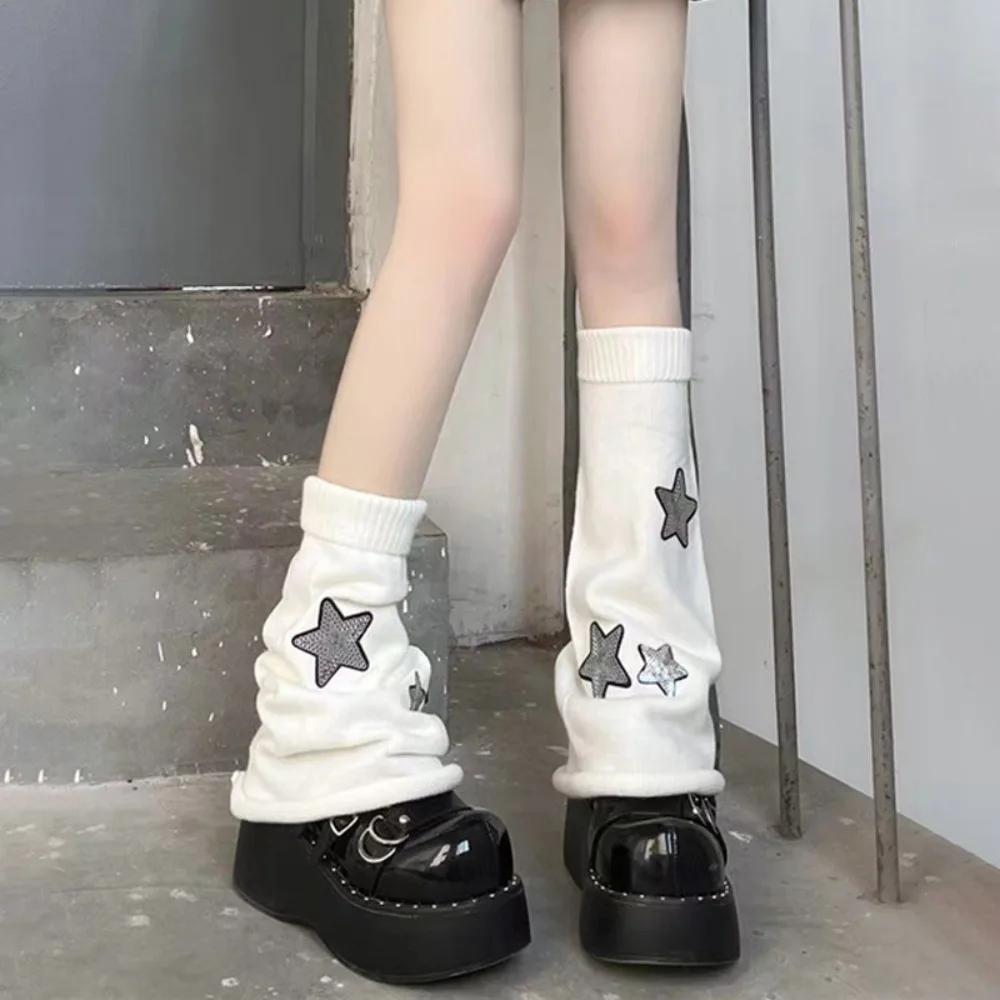 Black White Grey Star Knitted Leg Warmers Winter Warm Cotton Thigh High Stockings Elastic Warm Thigh Knitted Boot Stockings