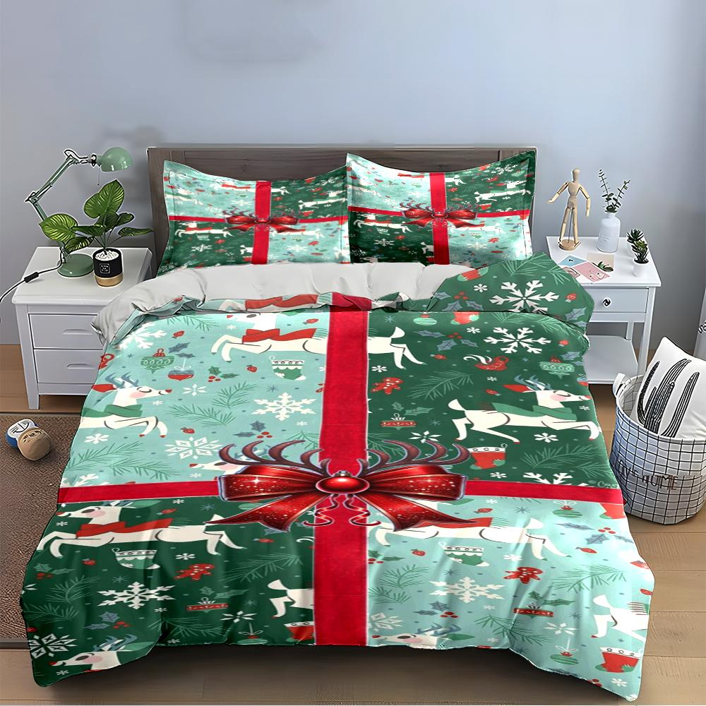 Festive Reindeer and Sleigh Pattern Bedding Set (1 Duvet Cover, 2 Pillowcases, Duvet Not Included)